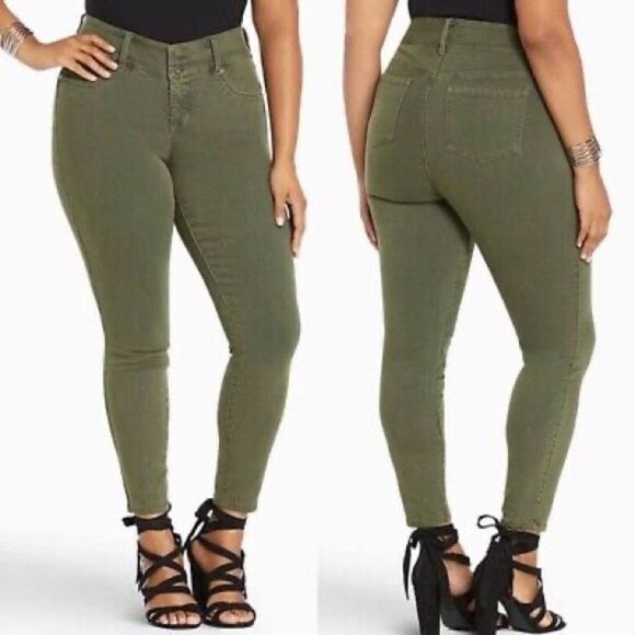 Torrid Three Button Jeggings Skinny Jeans Olive Green 12 - Picture 1 of 8